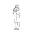 Chemist woman laboratory technician in professional protection uniform. Line art style character vector black white