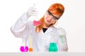 Chemist woman looks at the glass in the lab