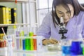 Chemist woman using microscope, chemical testing in lab, concept for improving safety products before applying to consumers Royalty Free Stock Photo