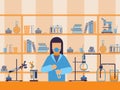 Chemist at work in laboratory, flat style vector illustration. Chemical lab tests, scientific research. University