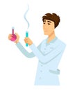 Chemist in work robe with two flasks full of reagents