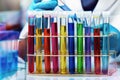 Chemist working with tray of test tube in the research laboratory Royalty Free Stock Photo