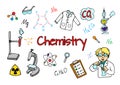 Chemistry cartoon icons set. Chalkboard with elements, formulas, atom, test-tube and laboratory equipment. education, medical.