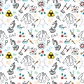 Chemistry cartoon seamless pattern. Chalkboard with elements, formulas, atom, test-tube and laboratory equipment. doodle style,