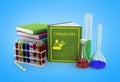 Chemistry class concept with pile of books and chemical solution