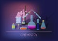 Chemistry concept with chemical equipment and glassware, running experiment and chemical reactions.