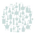 Chemistry equipment silhouette flat round background. Science of chemicals. Laboratory research. Medical tests