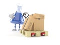 Chemistry flask character with hand pallet truck with cardboard boxes