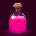 Chemistry glass bottle filled with a pink liquid potion. Love potion. Royalty Free Stock Photo