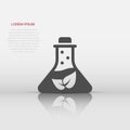 Chemistry glass icon in flat style. Lab flask with leaf vector illustration on white isolated background. Nature analysis sign Royalty Free Stock Photo