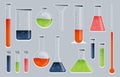 Chemistry glass. Laboratory glassware with test tube beaker flask pipette erlenmeyer flask, science instrument collection. Vector Royalty Free Stock Photo