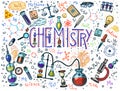 Chemistry of icons set. Chalkboard with elements, formulas, atom, test-tube and laboratory equipment. laboratory