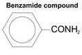 Chemistry illustration of Benzamide compound in organic chemistry, C6H5CNH2 Royalty Free Stock Photo