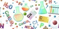 Chemistry items seamless pattern. Cartoon style. Study and production of mineral. Organic and inorganic. Parts of