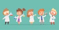 Chemistry kids. Science children school characters in lab vector cartoon people