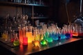 chemistry lab, with beakers and flasks of colored liquids, test tubes, and other equipment Royalty Free Stock Photo