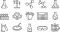 Chemistry lab elements set with glassware, flask, safety mask, molecules, table vector Royalty Free Stock Photo