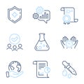 Chemistry lab, Chemistry pipette and Medical shield icons set. Cogwheel, Report and Safe time signs. Vector