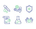Chemistry lab, Chemistry pipette and Medical shield icons set. Cogwheel, Report and Safe time signs. Vector