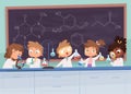 Chemistry lab. Science boy and girls teenager learning research processes vector characters cartoon background