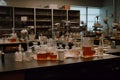 A chemistry lab with various equipment, such as test tubes, flasks, and beakers, on a lab bench.