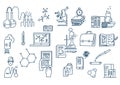 Chemistry lab work science equipment. Hand drawn formulas science knowledge education.