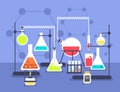 Chemistry laboratory experiment. Research lab science technology. Chemical laboratory vector flat concept Royalty Free Stock Photo