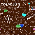 Chemistry laboratory seamless pattern on dark green school board