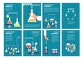 Chemistry laboratory testing. Pharmacy processing and science medical research lab. Vector book covers, brochure