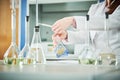 Chemical laboratory. Hand with flask during titrimetric analysis or titration Royalty Free Stock Photo