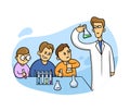 Chemistry lesson in classroom. Kids in laboratory. Flat style vector illustration isolated on white background. Royalty Free Stock Photo
