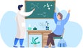 Chemistry lesson in school. Scientist explains formulas on blackboard. Guy is raising his hands up