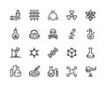 Chemistry line icons. Laboratory equipment and chemical reactions, medical tube flask and beaker. Vector science and