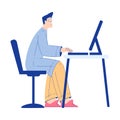 Chemistry with Man Scientist Character Sitting with Computer at Desk Vector Illustration