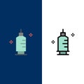 Chemistry, Medicine, Pharmacy, Syringe Icons. Flat and Line Filled Icon Set Vector Blue Background