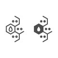 Chemistry molecular element line and solid icon. Combs with dots and drop, molecule formula. Oil industry vector design