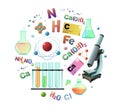 Chemistry picture in form of circle. Study and production of mineral. Organic and inorganic. Parts of molecular and