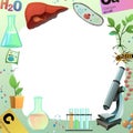 Chemistry picture frame around edge of picture. Round proportion. Science items picture. Study of living cells of plants
