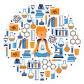 Chemistry round frame composition, vector illustration. School education, science icons in flat style. Young boy