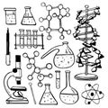 Chemistry school lesson items. Hand drawn outline doodle sketch vector objects set