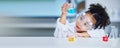 Chemistry, science and a child with liquid for research, futuristic innovation or project for education. Surprise Royalty Free Stock Photo