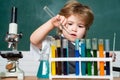 Chemistry science. September 1. Preschooler. Back to school. Science and education concept. Child from elementary school Royalty Free Stock Photo