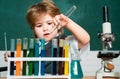 Chemistry science. September 1. Preschooler. Back to school. Science and education concept. Child from elementary school Royalty Free Stock Photo