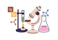 Chemistry science study concept. Chemical lab research, laboratory experiment. Microscope, test tube, glass flask Royalty Free Stock Photo