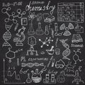 Chemistry and sciense elements doodles icons set. Hand drawn sketch with microscope, formulas, experiments equpment, analysis tool Royalty Free Stock Photo