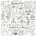 Chemistry and sciense elements doodles icons set. Hand drawn sketch with microscope, formulas, experiments equpment, analysis tool