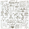 Chemistry and sciense elements doodles icons set. Hand drawn sketch with microscope, formulas, experiments equpment, analysis tool Royalty Free Stock Photo