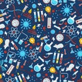 Chemistry seamless pattern, vector illustration. Laboratory research icons in flat style, chemical glassware emblems Royalty Free Stock Photo