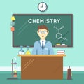 Chemistry teacher in classroom. Vector flat education background