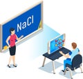 Chemistry teacher explaining NaCl molecular structure using augmented reality on smartphone during a chemistry class in an